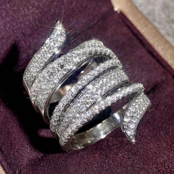 NEW 18k White Gold Diamond Ring Layer Wide Ring Band - Picture 4 of 5